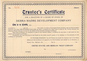 Sierra Madre Development Co. - Unissued Stock Certificate - Branch Company of the Atchison Topeka Santa Fe Railway