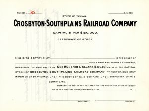Crosbyton-Southplains Railroad Co. - Unissued Railway Stock Certificate - Branch Line of the Atchison Topeka Santa Fe Railway