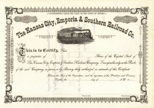 Kansas City, Emporia and Southern Railroad Co. -  Stock Certificate - Branch Line of the Atchison Topeka Santa Fe Railway
