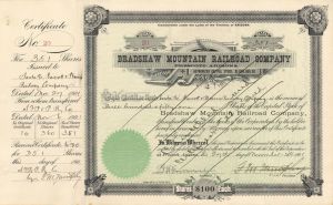 Bradshaw Mountain Railroad Co. - 1901 dated Arizona Railway Stock Certificate - Branch Line of the Atchison Topeka Santa Fe Railway