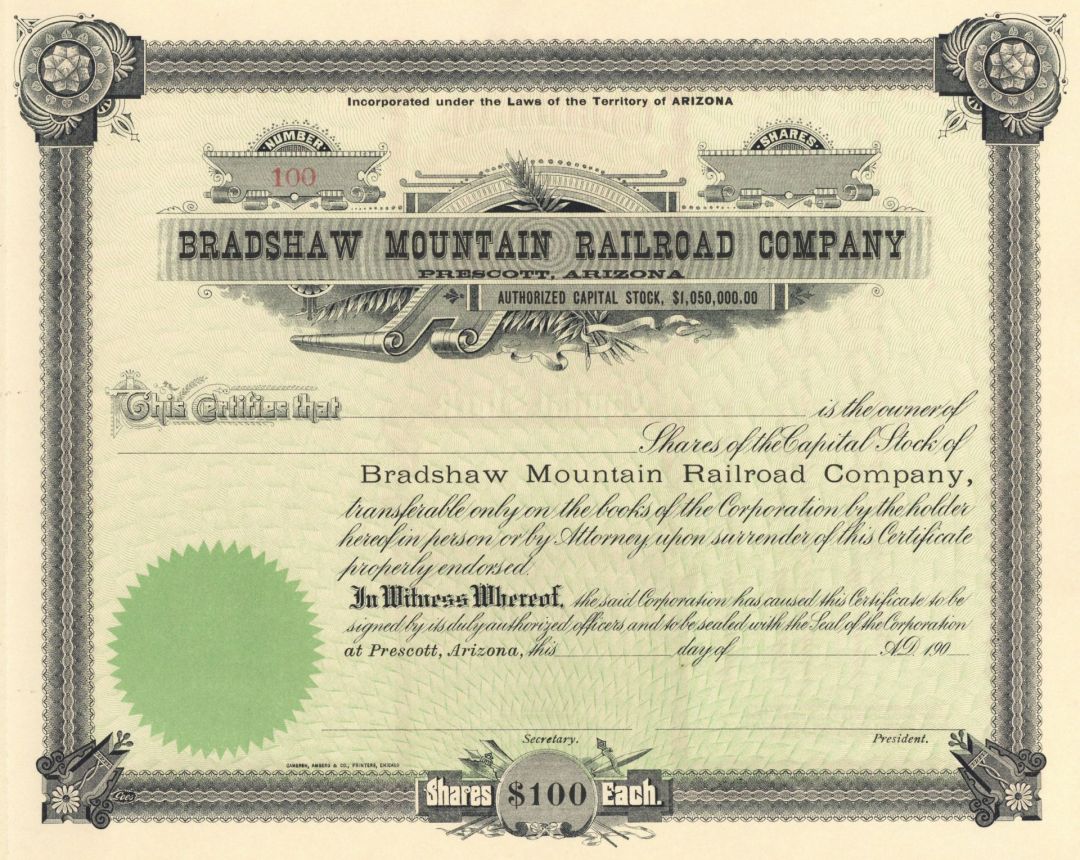 Bradshaw Mountain Railroad Co. - 1900's dated Arizona Railway Stock Certificate - Branch Line of the Atchison Topeka Santa Fe Railway