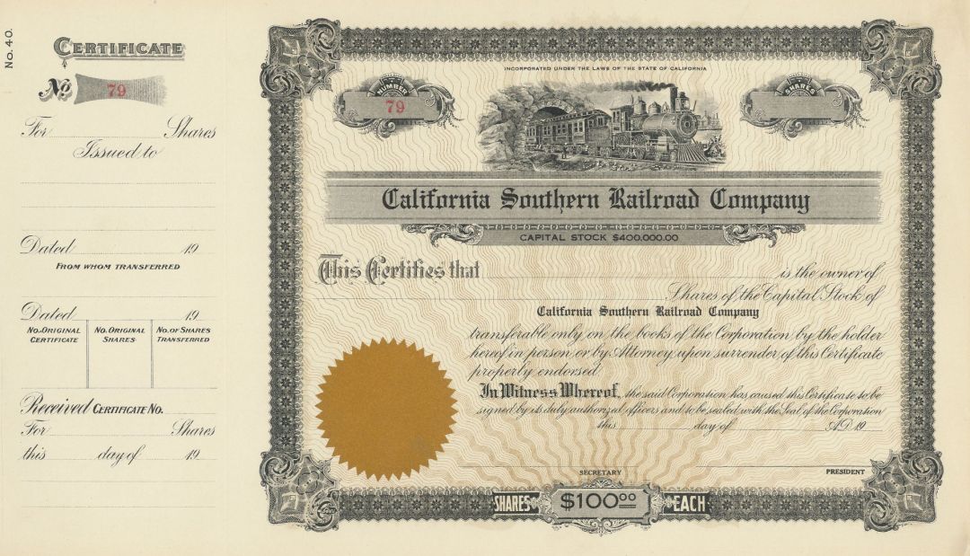 California Southern Railroad Co.- Unissued California Railroad Stock Certificate - Branch Line of the Atchison Topeka Santa Fe Railway