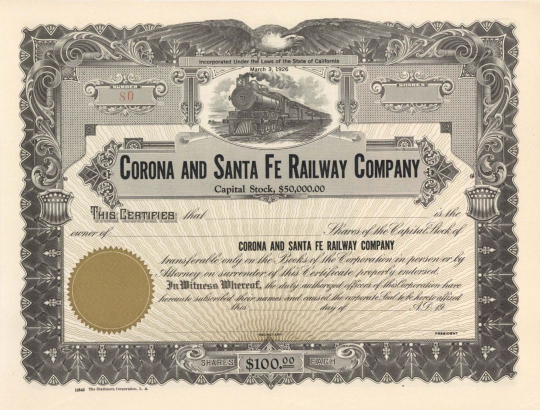 Corona and Santa Fe Railway Co. - Unissued Stock Certificate - Branch Line of the Atchison Topeka Santa Fe Railway