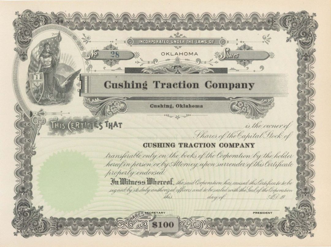 Cushing Traction Co. - Unissued Stock Certificate - Branch Line of the Atchison Topeka Santa Fe Railway