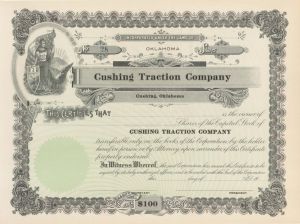 Cushing Traction Co. - Unissued Stock Certificate - Branch Line of the Atchison Topeka Santa Fe Railway