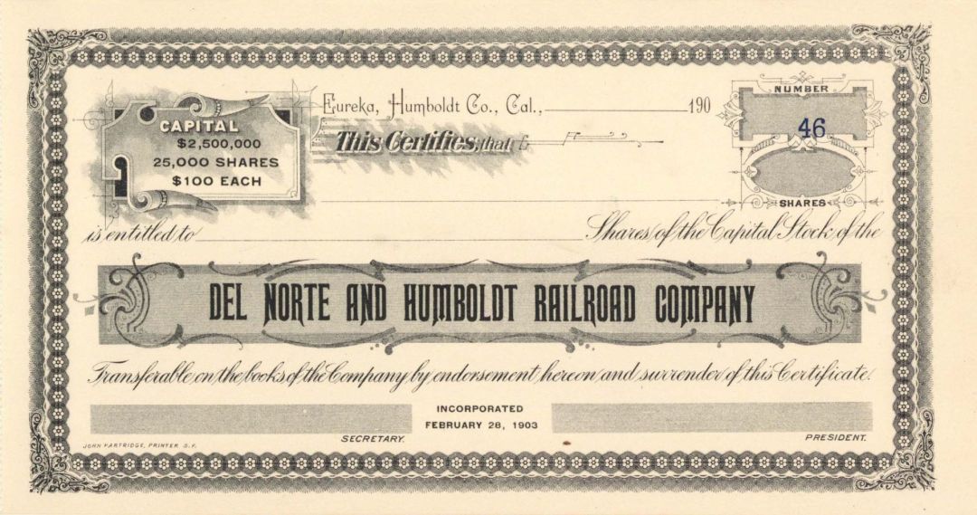 Del Norte and Humboldt Railroad Co. - Unissued Stock Certificate - Branch Line of the Atchison Topeka Santa Fe Railway