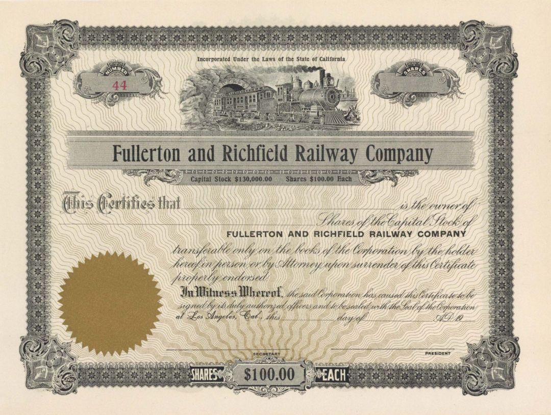 Fullerton and Richfield Railway Co. - Unissued Stock Certificate - Branch Line of the Atchison Topeka Santa Fe Railway