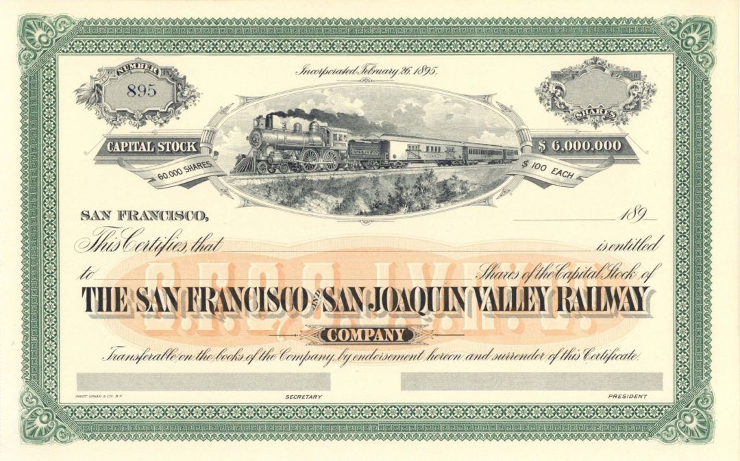 San Francisco and San Joaquin Valley Railway Co. - Unissued Stock Certificate - Branch Line of the Atchison Topeka Santa Fe Railway
