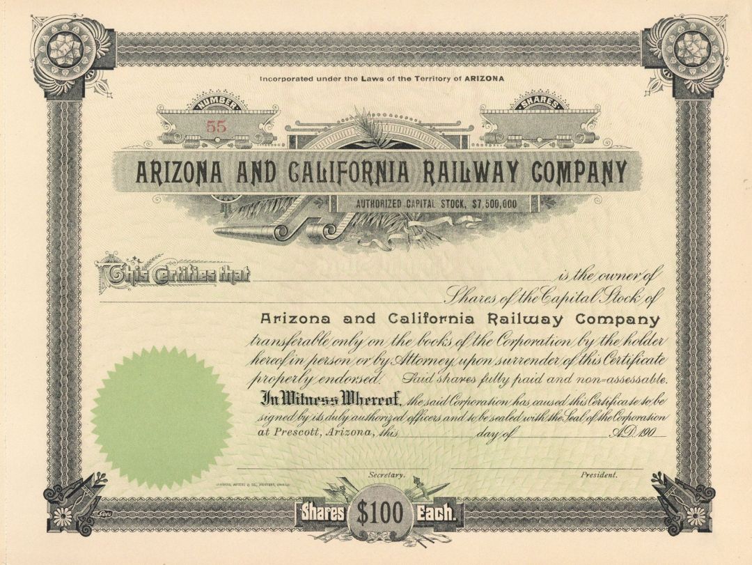 Arizona and California Railway Co. - circa 1900's Unissued Railroad Stock Certificate - Branch Line of the Atchison Topeka Santa Fe Railway