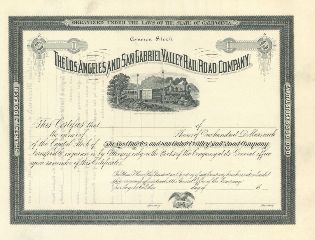 Los Angeles and San Gabriel Valley Railroad Co. - Stock Certificate - Branch Line of the Atchison Topeka Santa Fe Railway