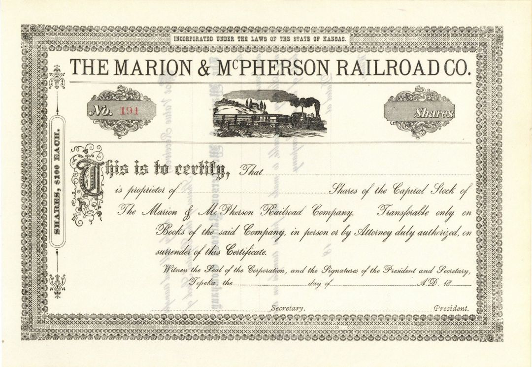 Marion and McPherson Railroad Co. - Railway Stock Certificate - Branch Line of the Atchison Topeka Santa Fe Railway