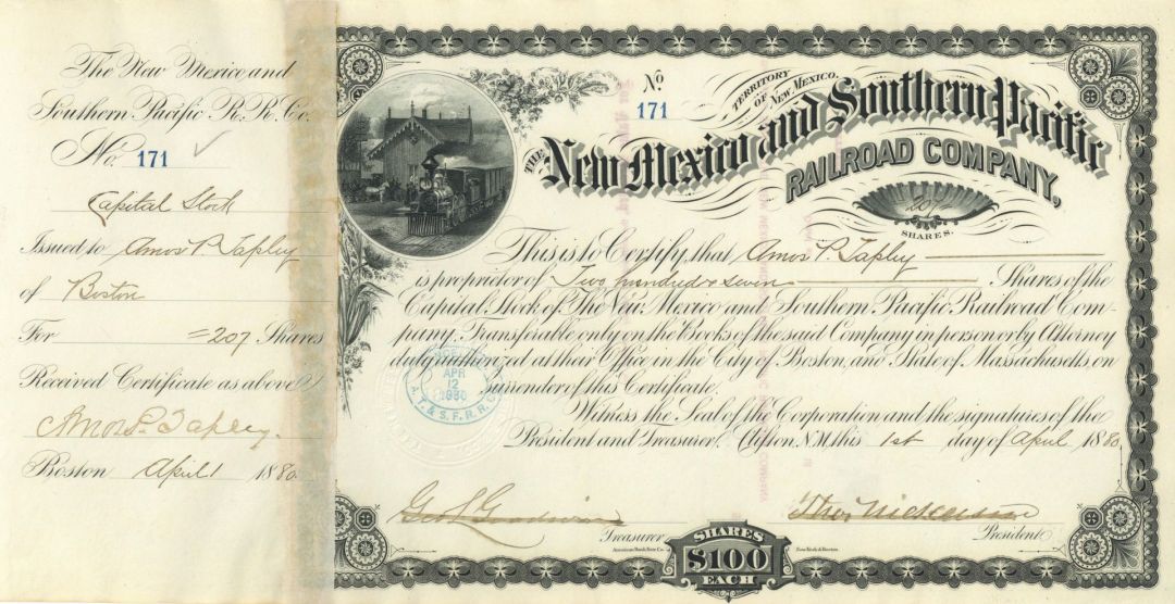 New Mexico & Southern Pacific Railroad Co. - Branch Line of the Atchison, Topeka & Santa Fe Railway Co. - New Mexico Stock Certificate
