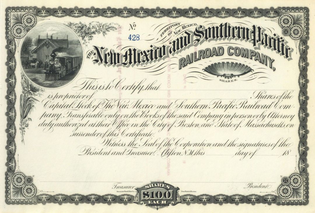 New Mexico & Southern Pacific Railroad Co. - Branch Line of the Atchison, Topeka & Santa Fe Railway Co. - New Mexico Unissued Stock Certificate