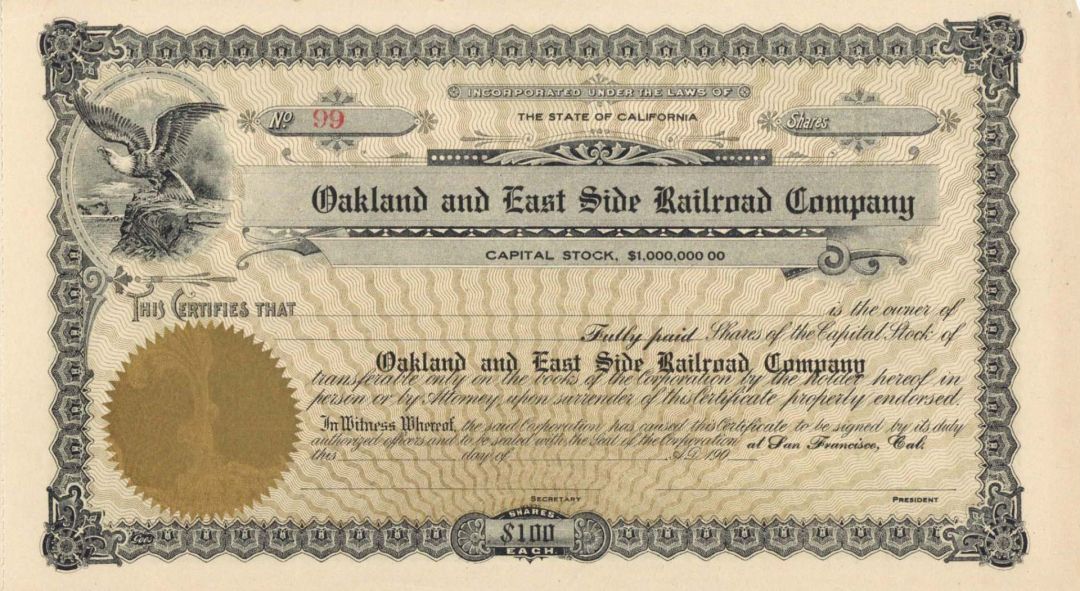 Oakland and East Side Railroad Co. - Unissued Stock Certificate - Branch Line of the Atchison, Topeka and Santa Fe Railway