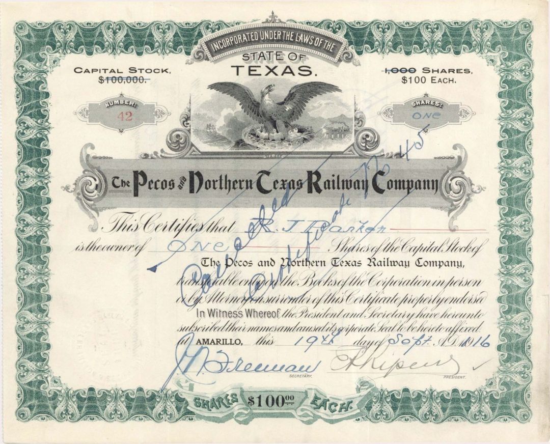 Pecos and Northern Texas Railway Co. - 1916 dated Stock Certificate - Branch Line of the Atchison, Topeka and Santa Fe Railway