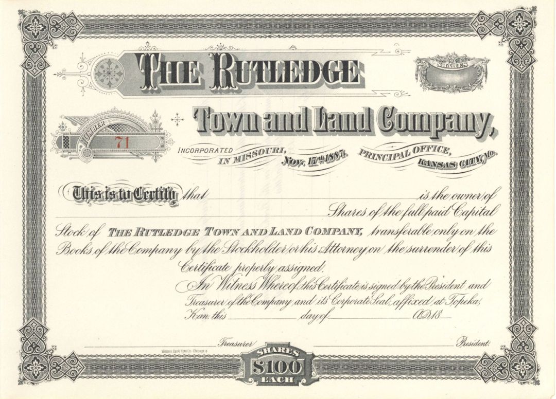 Rutledge Town and Land Co. - Unissued Stock Certificate