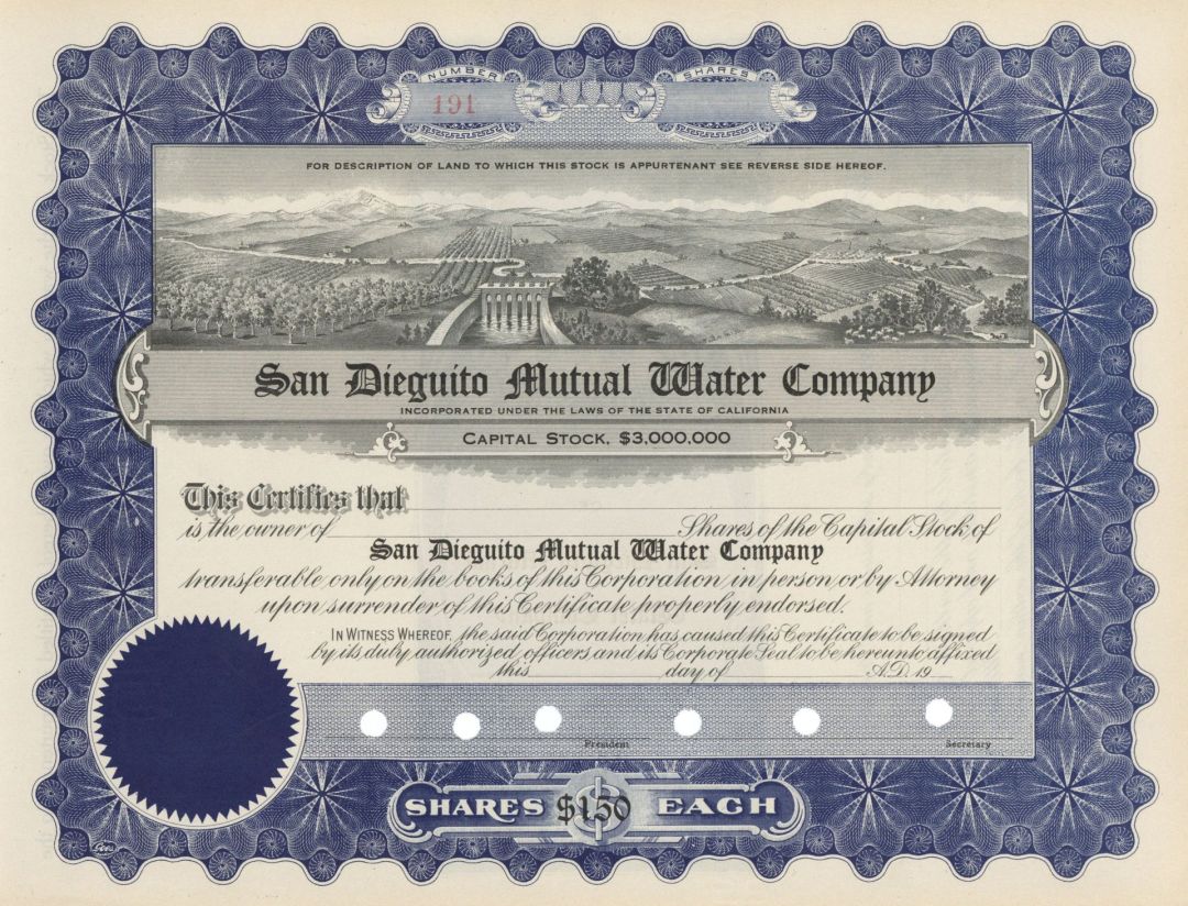 San Dieguito Mutual Water Co. - circa 1910's Unissued Water Company Stock Certificate - Part of the Atchison, Topeka and Santa Fe Railway System