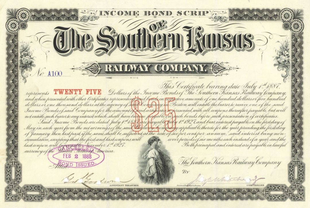 Income Bond of the Southern Kansas Railway Co. - Railroad Bond Scrip