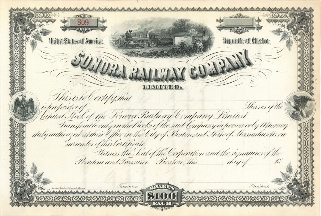 Sonora Railway Co. Limited - Unissued Railroad Stock Certificate - Became Part of the Atchison, Topeka & Santa Fe Railway