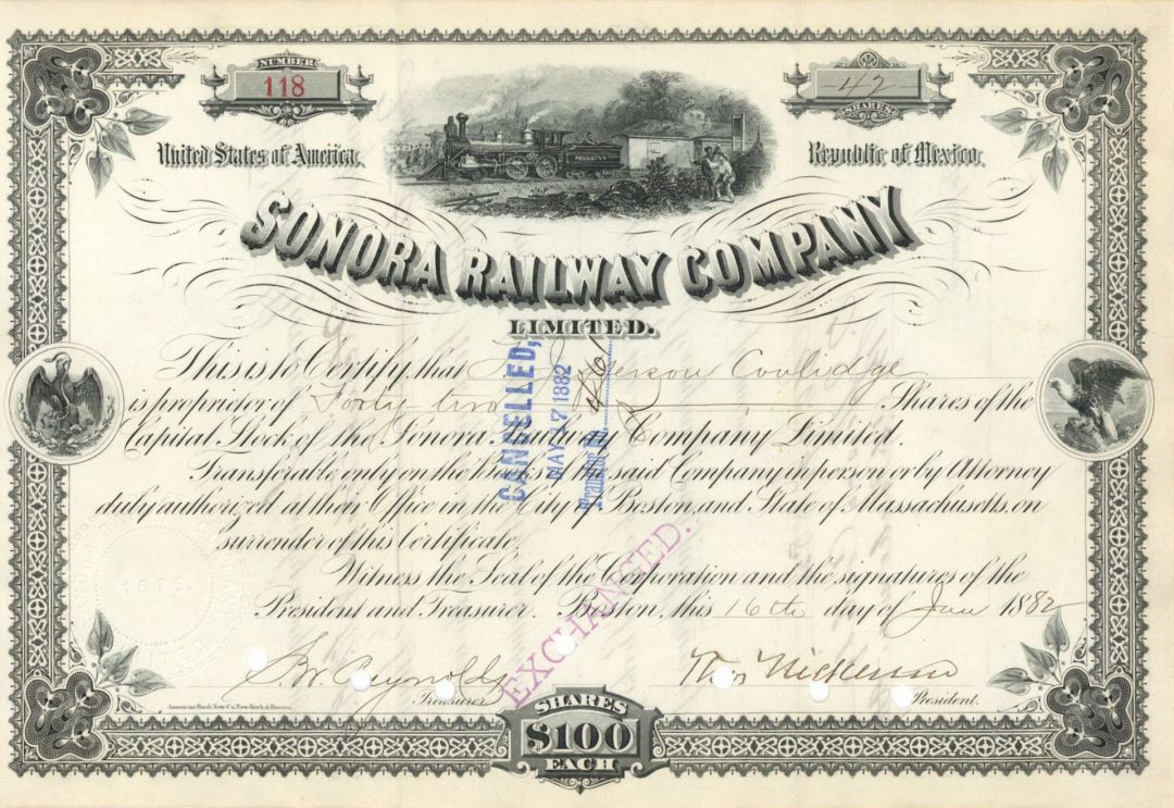 Sonora Railway Co. Limited - 1882 dated Railroad Stock Certificate - Became Part of the Atchison, Topeka & Santa Fe Railway
