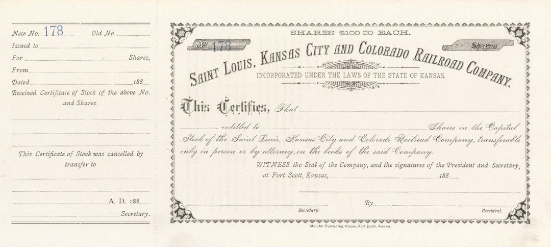 Saint Louis, Kansas City and Colorado Railroad Co. - Stock Certificate - Branch Line of the Atchison Topeka Santa Fe Railway