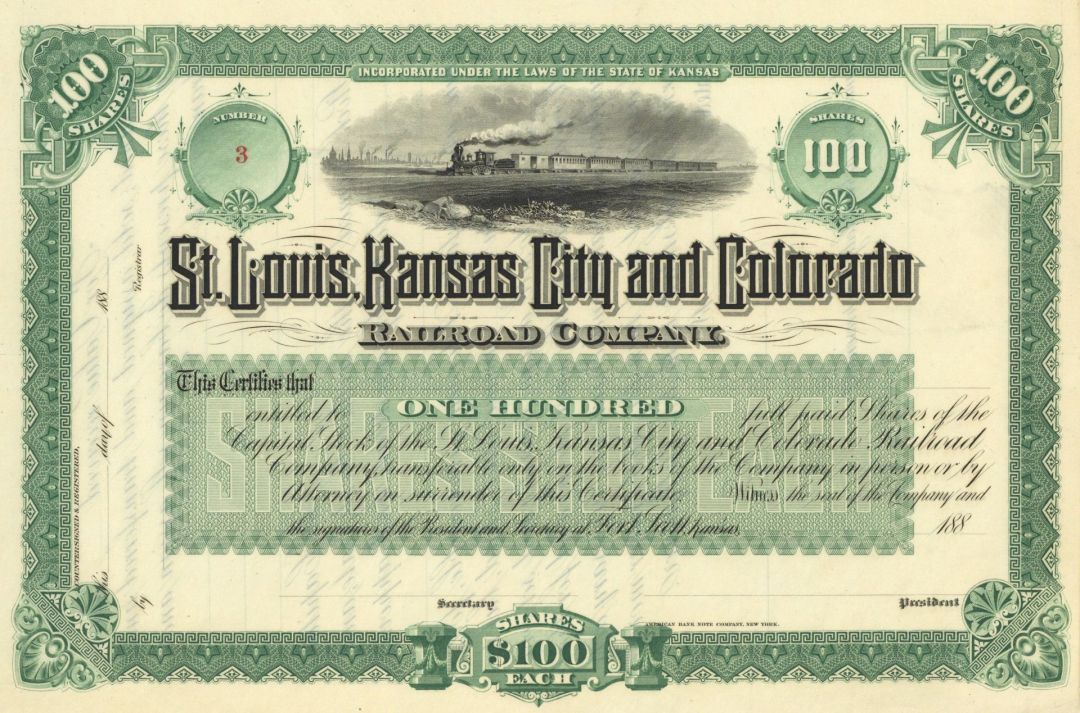 St. Louis, Kansas City and Colorado Railroad Co. - Unissued Railway Stock Certificate - Branch Line of the Atchison Topeka Santa Fe Railway