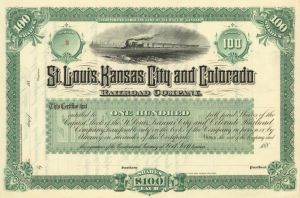 St. Louis, Kansas City and Colorado Railroad Co. - Unissued Railway Stock Certificate - Branch Line of the Atchison Topeka Santa Fe Railway