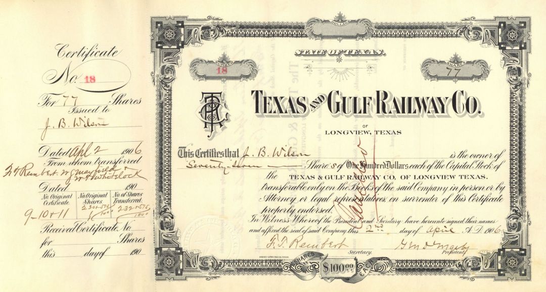 Texas and Gulf Railway Co. - Longview, Texas - 1907 dated Railroad Stock Certificate - Branch Line of the Atchison Topeka Santa Fe Railway