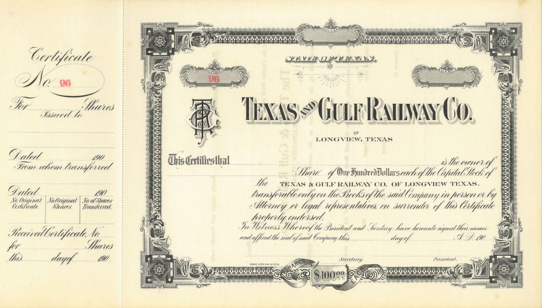 Texas and Gulf Railway Co. - Longview, Texas - 1900's dated Unissued Railroad Stock Certificate - Branch Line of the Atchison Topeka Santa Fe Railway