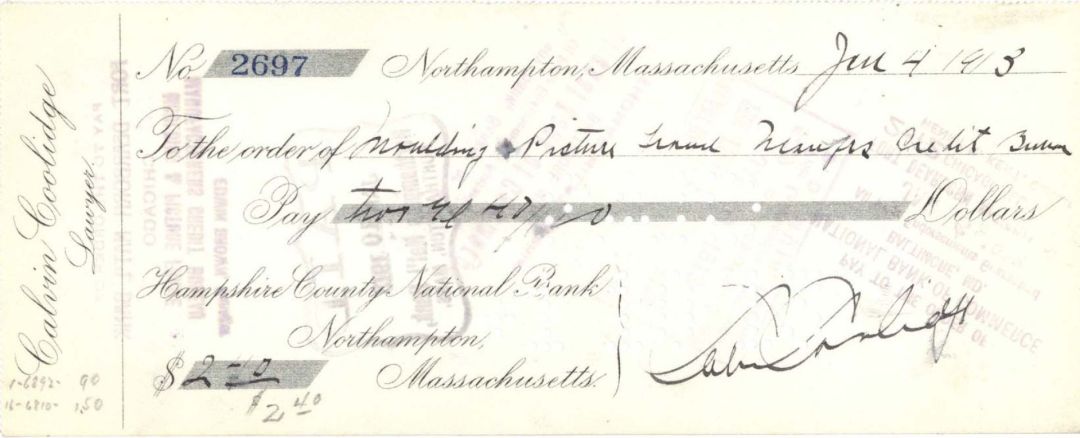 Calvin Coolidge signed Check dated 1912 or 1913 - Autograph Check - Presidential
