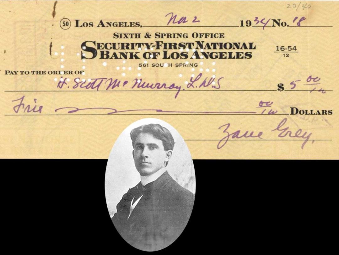 Security-First National Bank of Los Angeles Check signed by Zane Grey - 1934 dated Autograph Check