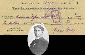 Altadena National Bank Check signed by Zane Grey - 1929- 1932 dated Autograph Check