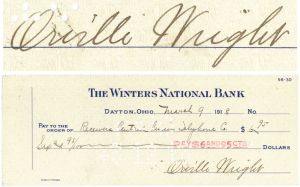 Orville Wright signed Check - 1918 dated Autograph Check - Beautiful Condition