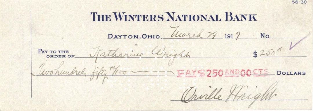 Orville Wright signed Check  - 1917 or 1918 dated Autograph