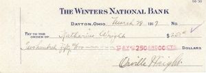 Orville Wright signed Check  - 1917 or 1918 dated Autograph