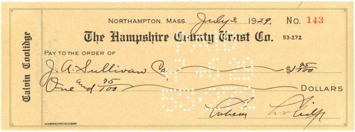 Calvin Coolidge signed Check dated 1929 - Exact Piece Shown - Presidential Autograph