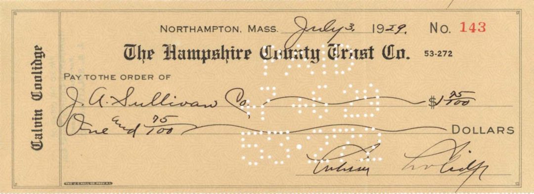 Calvin Coolidge signed Check dated 1929 - Exact Piece Shown - Presidential Autograph
