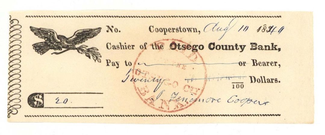 James Fenimore Cooper Signed 1840's Check - Otsego County Bank Check - Autograph Check