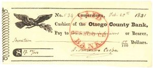 James Fenimore Cooper Signed 1840's Check - Otsego County Bank Check - Autograph Check