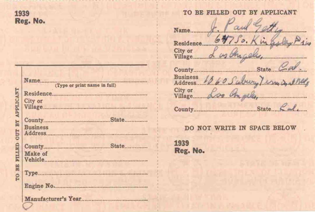 J. Paul Getty signed 1939 Car Registration - The Man behind the Movie All the Money in the World