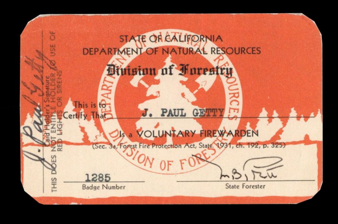 J. Paul Getty signed Volunteer Fire Warden Membership Card - The Man behind the Movie "All the Money in the World"