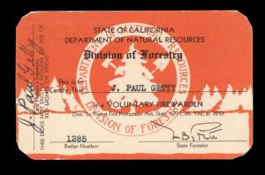 J. Paul Getty signed Volunteer Fire Warden Membership Card - The Man behind the Movie "All the Money in the World"