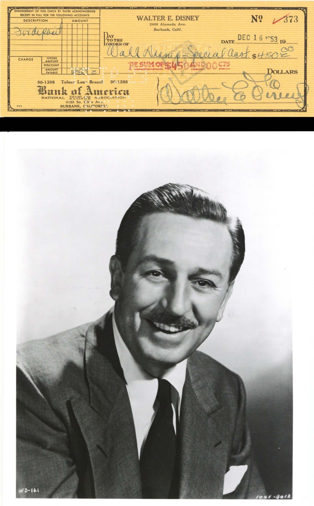 Walt Disney Signed Check and Portrait - 1953 dated Autograph Check - Fantastic Signature