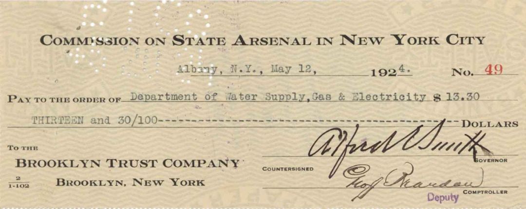 Commission on State Arsenal in New York City Check signed by Alfred Smith - 1924 dated Check