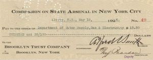 Commission on State Arsenal in New York City Check signed by Alfred Smith - 1924 dated Check