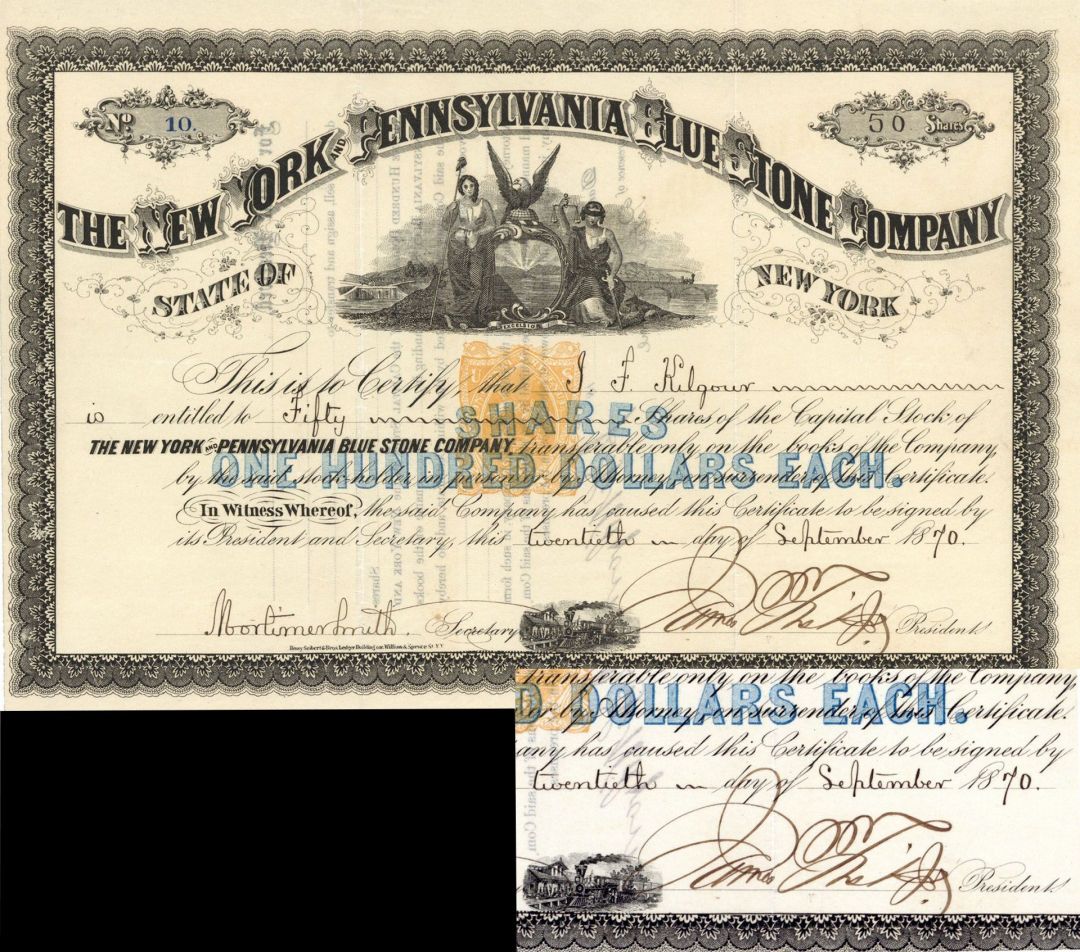 New York and Pennsylvania Blue Stone Co. signed by James Fisk, Jr. known as Diamond Jim or Jubilee Jim - 1870 dated Autographed Stock Certificate