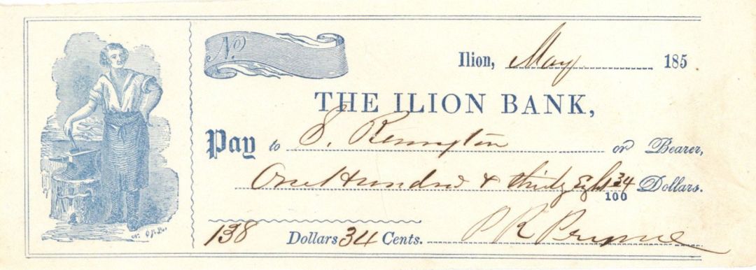 Ilion Bank check written out by Samuel Remington - 185- dated Autograph