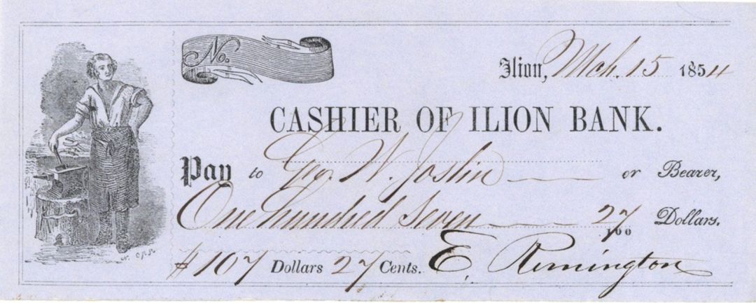Ilion Bank check signed by E. Remington II or Jr. - Founder of Remington and Sons - 1852-1856 dated Autograph