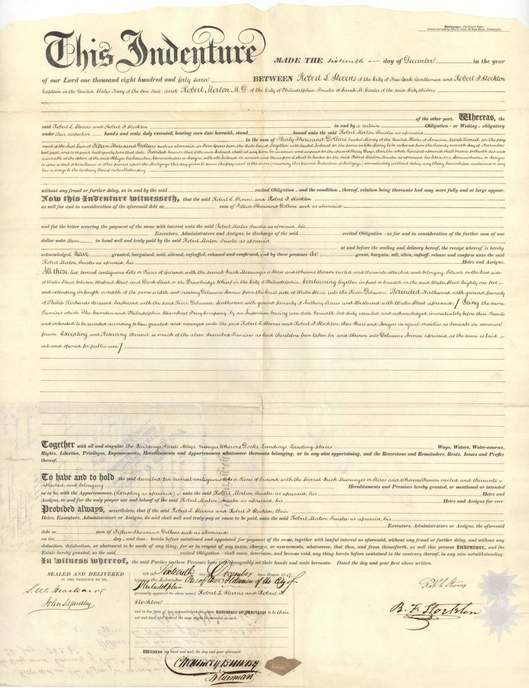 Robert L. Stevens signed Deed - 1847 dated Autograph