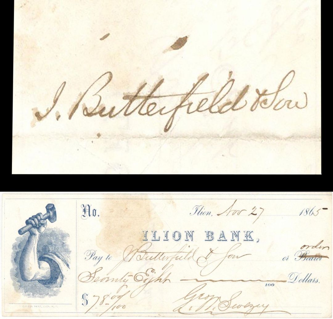 Ilion Bank Check issued to J. Butterfield and Son - 1865 dated Check